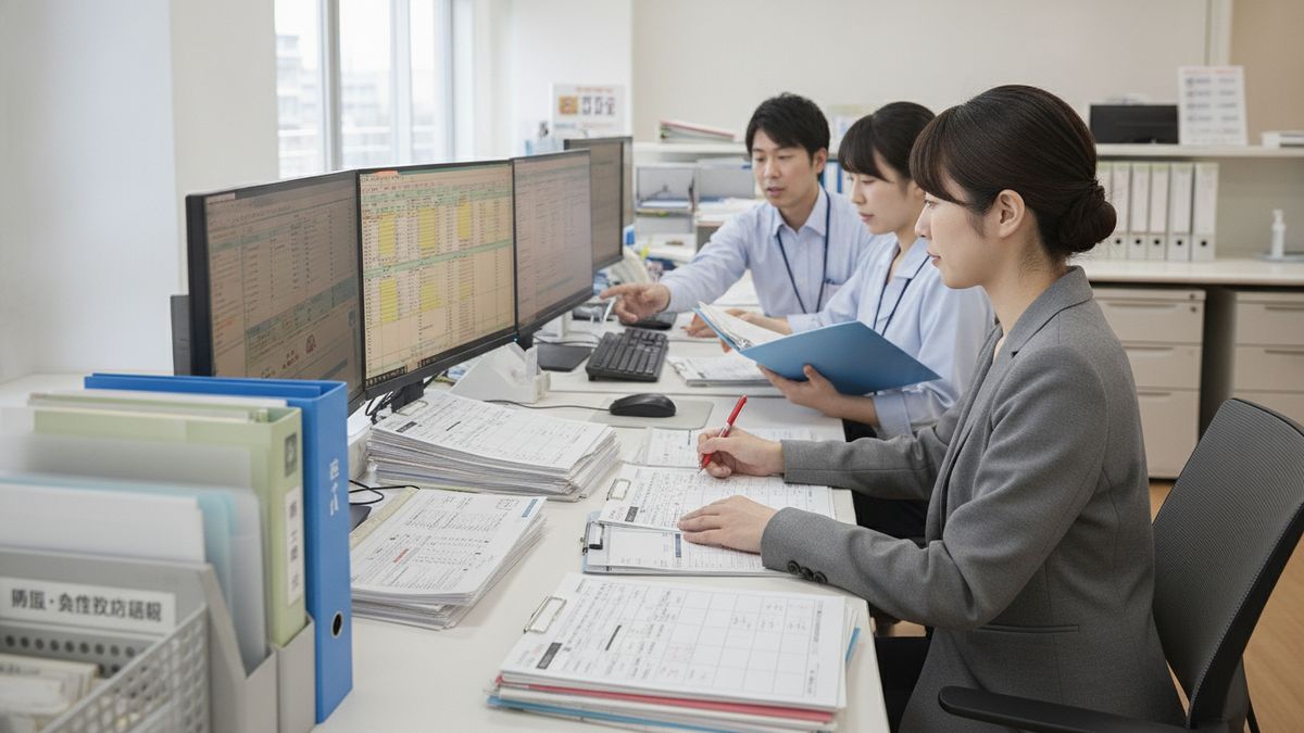 レセプト点検のAI指摘は、医事課で直すか医師に返すかで確定する(業務の現場のイメージ写真)