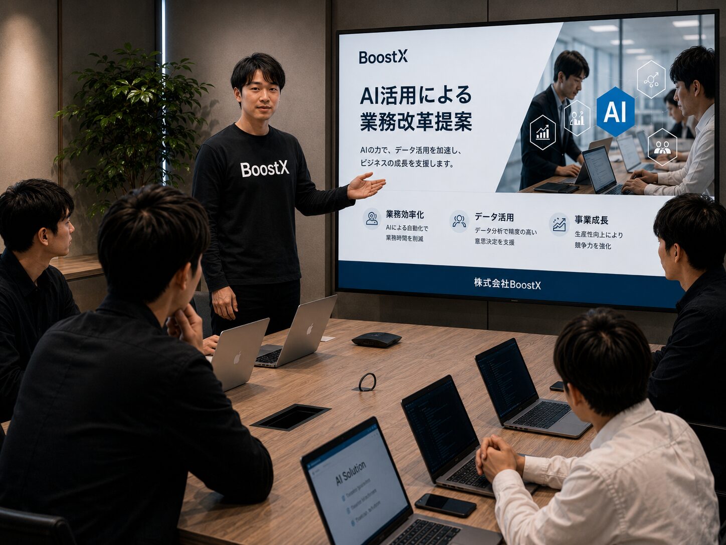 BoostXの専属AI実装チームが顧客先の会議室で、AI活用による業務改革提案をプレゼンしているシーン。代表 吉元がBoostXロゴ入りのウェアで現場に入り込む様子。
