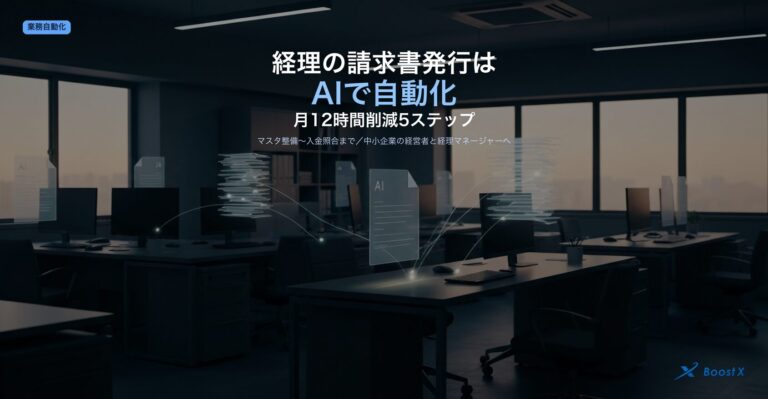 経理の請求書発行をAIで自動化する5ステップ（マスタ整備→テンプレ／例外ルール設計→AI＋GAS連携→PDF送付自動化→入金照合モニタリング）を中小企業視点で構造化したアイキャッチ