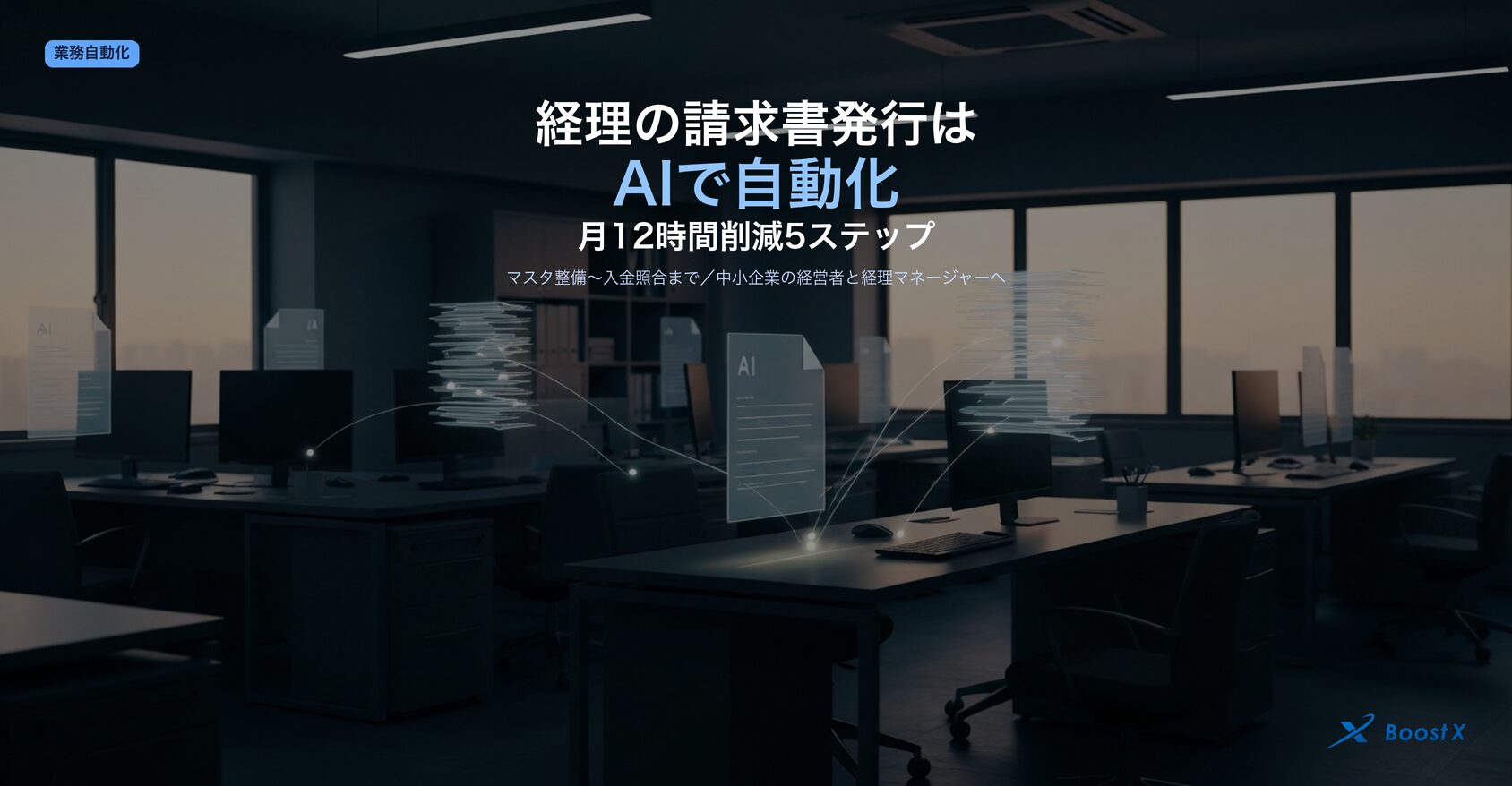経理の請求書発行をAIで自動化する5ステップ（マスタ整備→テンプレ／例外ルール設計→AI＋GAS連携→PDF送付自動化→入金照合モニタリング）を中小企業視点で構造化したアイキャッチ