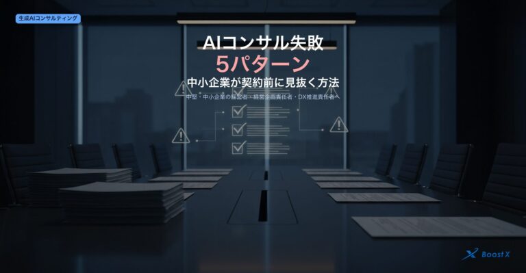 AIコンサルで失敗する5パターン（PoC止まり・ベンダー丸投げ・経営課題と分離・短期成果至上・契約後断絶）と中小企業が契約前に見抜く方法を構造化したアイキャッチ
