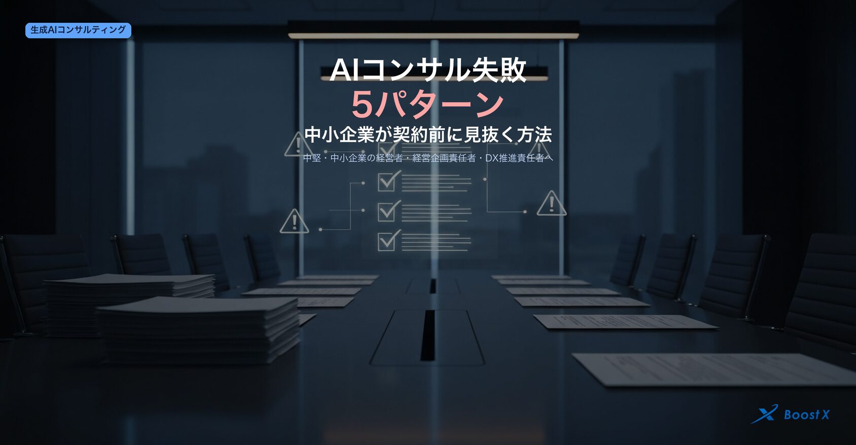 AIコンサルで失敗する5パターン（PoC止まり・ベンダー丸投げ・経営課題と分離・短期成果至上・契約後断絶）と中小企業が契約前に見抜く方法を構造化したアイキャッチ