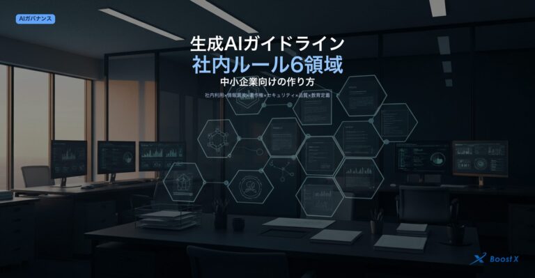 生成AIガイドラインの6領域（社内利用ルール・情報漏洩対策・著作権・セキュリティ・品質チェック・教育定着）を整理したアイキャッチ画像