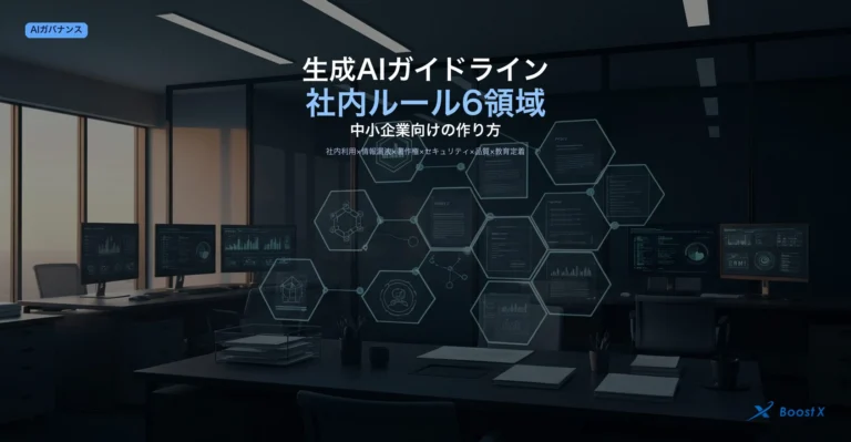 生成AIガイドラインの6領域（社内利用ルール・情報漏洩対策・著作権・セキュリティ・品質チェック・教育定着）を整理したアイキャッチ画像