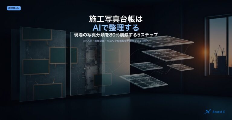 施工写真台帳をAI-OCR・画像認識・生成AIで自動整理する5ステップを建設業の現場監督向けに整理したアイキャッチ