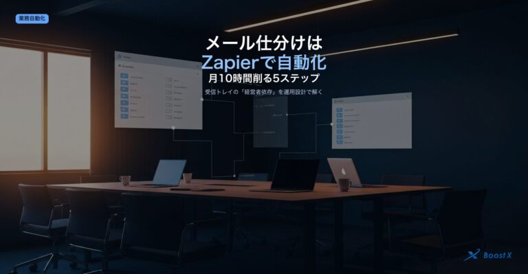 メール仕分けをZapierで自動化し受信トレイ整理を月10時間削減する5ステップを業務自動化の運用設計として可視化したアイキャッチ
