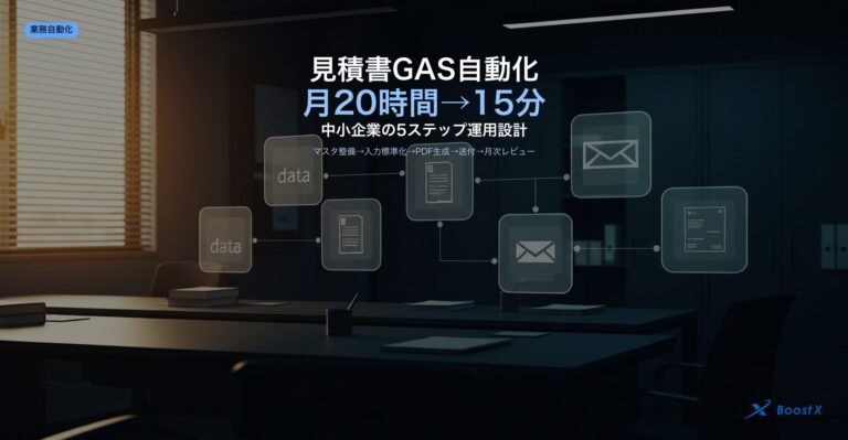 見積書GAS自動化5ステップ（マスタ整備・入力標準化・PDF自動生成・送付フロー・月次レビュー）で月20時間を15分にする中小企業の運用設計を構造化したアイキャッチ