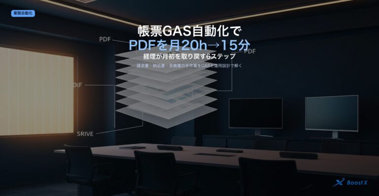 帳票GAS自動化でPDFを月20時間→15分にする6ステップ（データ正規化→テンプレ集約→差し込み→PDF生成→Drive保存→Gmail下書き配信）の運用設計を構造化したアイキャッチ