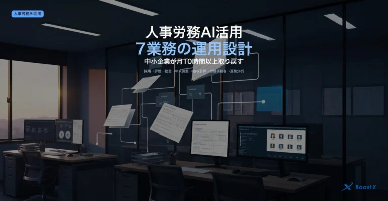 人事労務AI自動化7業務（採用→評価→勤怠→年末調整→給与計算→労務手続き→退職分析）の運用設計を構造化したアイキャッチ画像