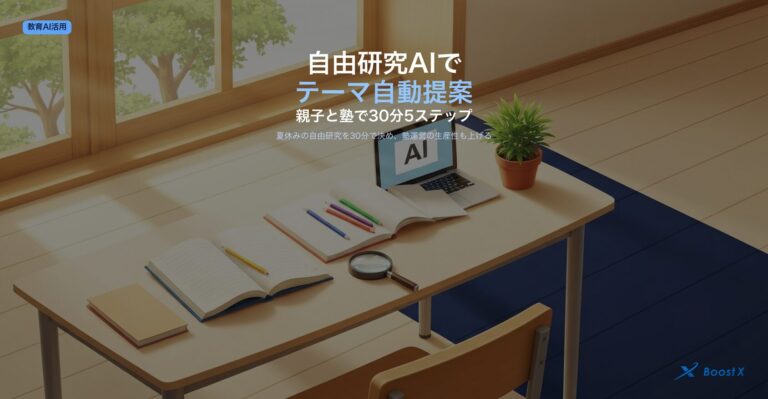 自由研究のテーマをAIで親子と塾が30分5ステップで決める運用設計を表現したアイキャッチ