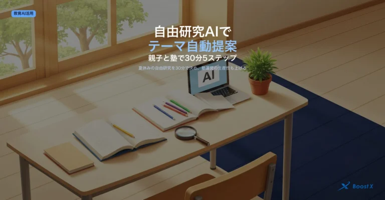 自由研究のテーマをAIで親子と塾が30分5ステップで決める運用設計を表現したアイキャッチ