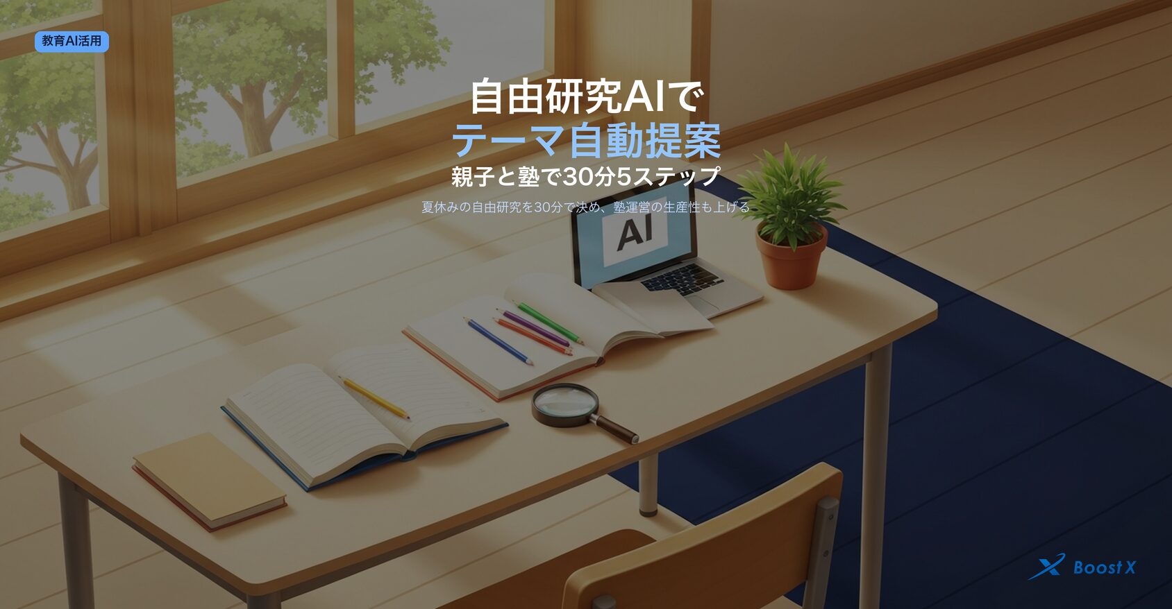 自由研究のテーマをAIで親子と塾が30分5ステップで決める運用設計を表現したアイキャッチ