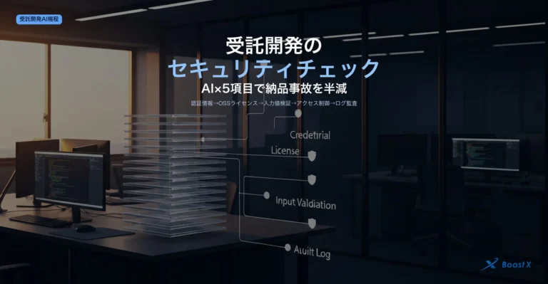 受託開発のセキュリティチェック｜AI×5項目で納品事故を半減（認証情報→OSSライセンス→入力値検証→アクセス制御→ログ監査）の運用フローを構造化したアイキャッチ