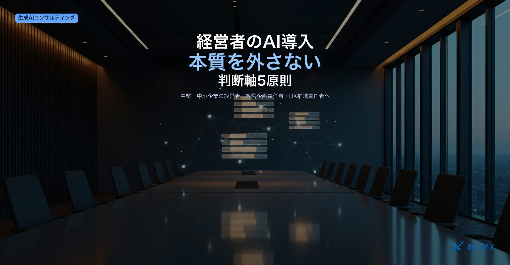 経営者がAI導入で本質を外さないための判断軸5原則（投資単位・運用主役・データ境界・撤退基準・経営アジェンダ化）を中堅・中小企業向けに構造化したアイキャッチ