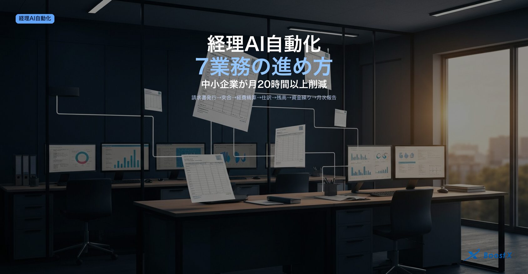 経理AI自動化7タスク（請求書発行→突合→経費精算→仕訳→残高チェック→資金繰り予測→月次報告）の進め方を構造化したアイキャッチ画像