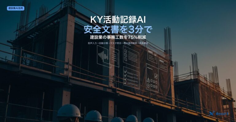 建設業のKY活動記録をAI×音声入力で3分の安全文書に変える5ステップ（音声入力→自動分類→マスタ照合→過去事例検索→所長確認）を視覚化したアイキャッチ画像