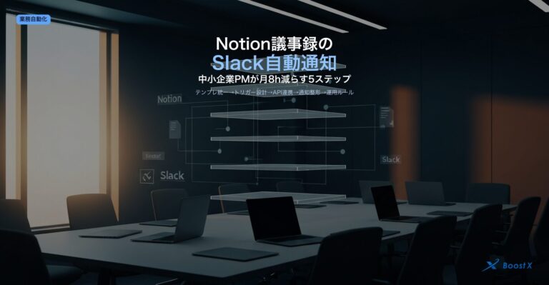 Notion議事録のSlack自動通知5ステップを中小企業PMが運用する月8時間削減の構造を業務自動化×AI連携で示したアイキャッチ