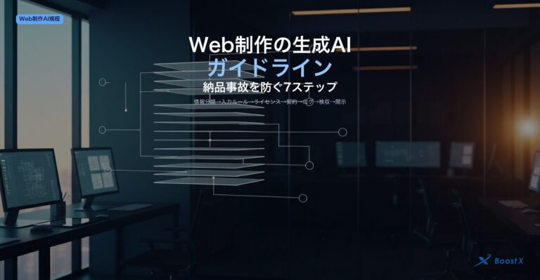 Web制作の生成AIガイドライン｜納品事故を防ぐ7ステップ（情報分類→入力ルール→ライセンス→契約→ログ→検収→開示）の運用フローを構造化したアイキャッチ