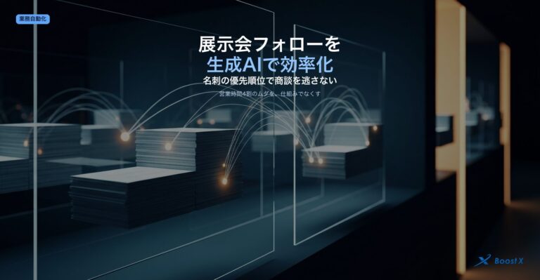 展示会で集めた名刺を生成AIで優先順位づけし、営業時間4割のムダをなくして商談を逃さない仕組みを示したアイキャッチ