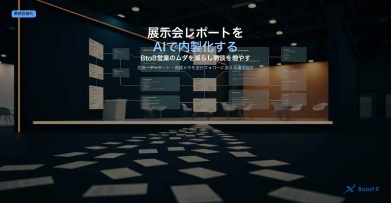 展示会の来場者反応(名刺・アンケート・商談メモ)をAIで内製レポート化し、BtoB営業のムダを減らして翌日フォローにつなげるイメージのアイキャッチ