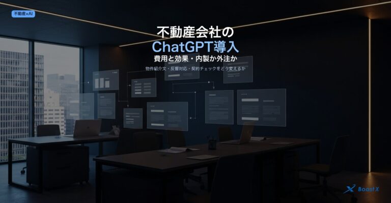 不動産会社のChatGPT導入で物件紹介文・反響対応・契約チェックを内製か外注で進める判断と費用と効果を示したアイキャッチ