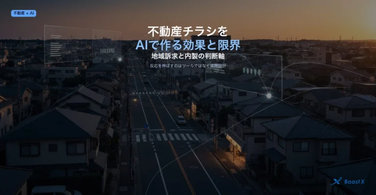 不動産チラシをAIで作る効果と地域訴求コピー、内製の限界と外注の判断軸を整理したアイキャッチ