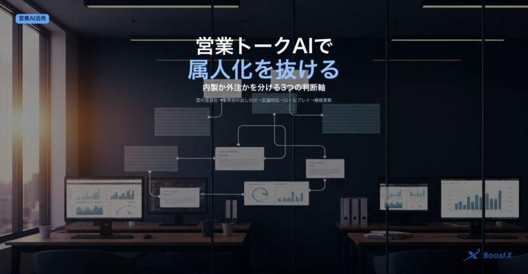 営業トークスクリプトをAIで仕組み化し属人化を抜ける運用設計（型の言語化→業界別の出し分け→反論対応→ロールプレイ→継続更新）を構造化したアイキャッチ画像