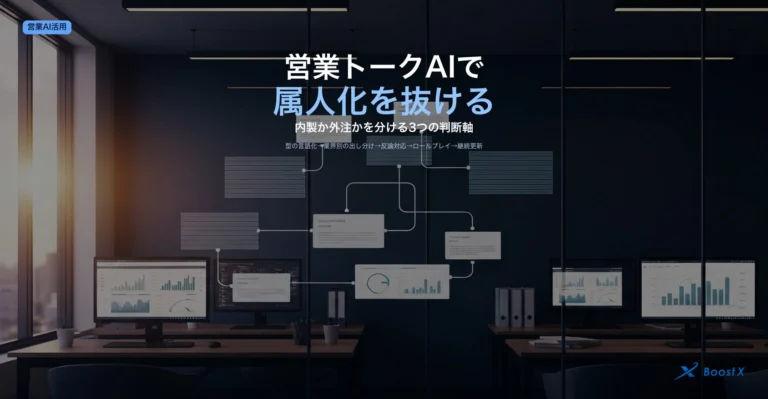 営業トークスクリプトをAIで仕組み化し属人化を抜ける運用設計(型の言語化→業界別の出し分け→反論対応→ロールプレイ→継続更新)を構造化したアイキャッチ画像