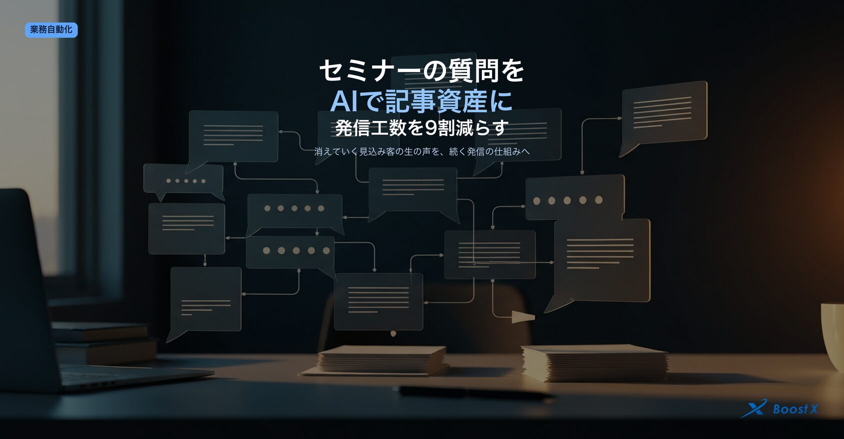 セミナーやウェビナーで集まった参加者の質問を生成AIで記事・FAQ・メルマガに資産化し、中小企業の発信工数を約9割削減するイメージのアイキャッチ