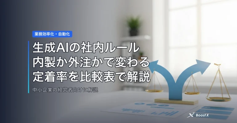 生成AIの社内ルール、内製か外注かで変わる定着率を比較表で解説 アイキャッチ