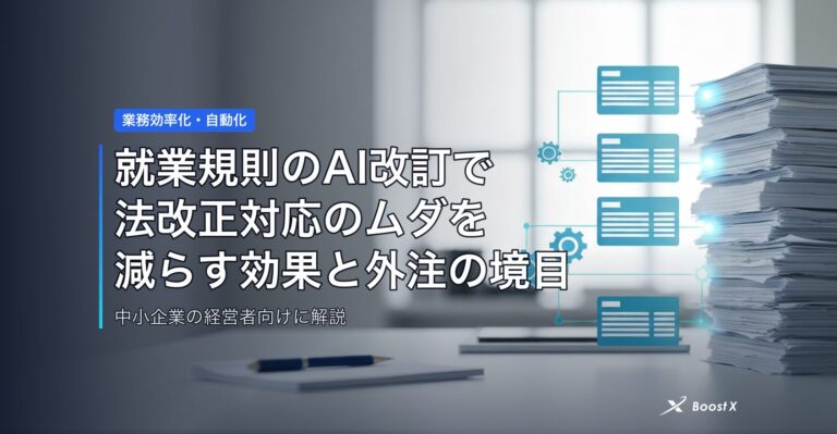 就業規則のAI改訂で法改正対応のムダを減らす効果と外注の境目 アイキャッチ