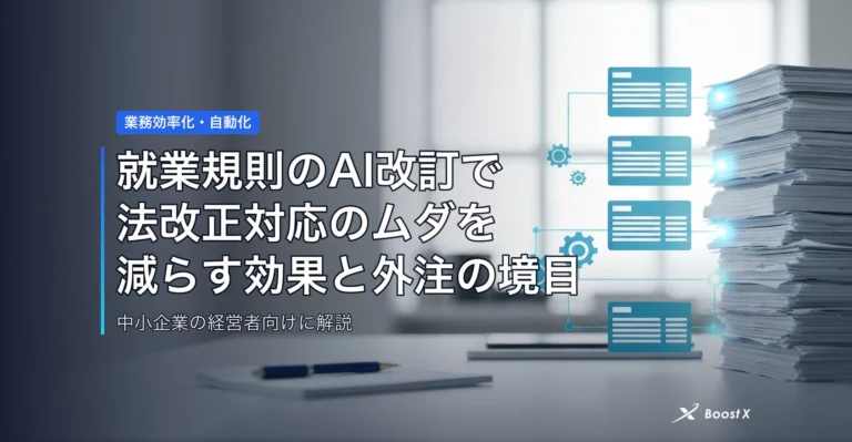 就業規則のAI改訂で法改正対応のムダを減らす効果と外注の境目 アイキャッチ