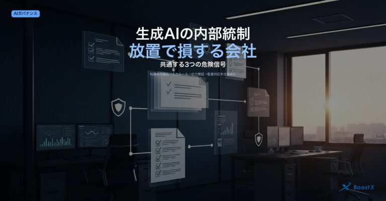 生成AIの内部統制における3つの危険信号（利用の可視化・入力ルール・出力検証）と監査対応の仕組み化を表したアイキャッチ画像