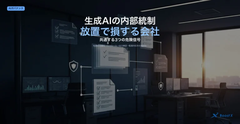 生成AIの内部統制における3つの危険信号（利用の可視化・入力ルール・出力検証）と監査対応の仕組み化を表したアイキャッチ画像