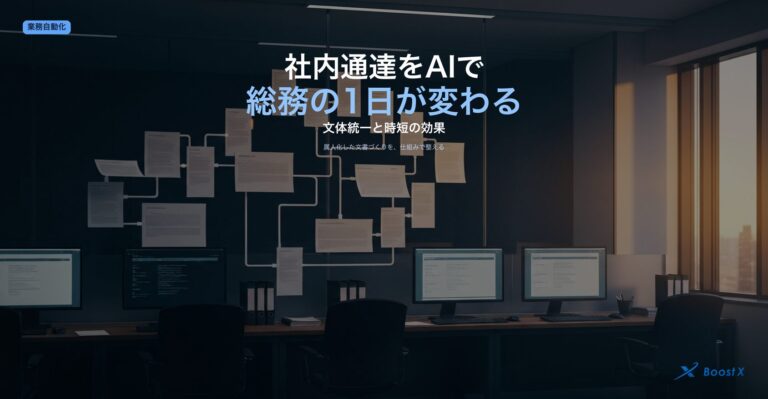 社内通達のAI作成で、属人的で文体がバラバラな状態から、テンプレとルールで文体を統一し作成時間を短縮した状態へ変わる様子を表したアイキャッチ画像