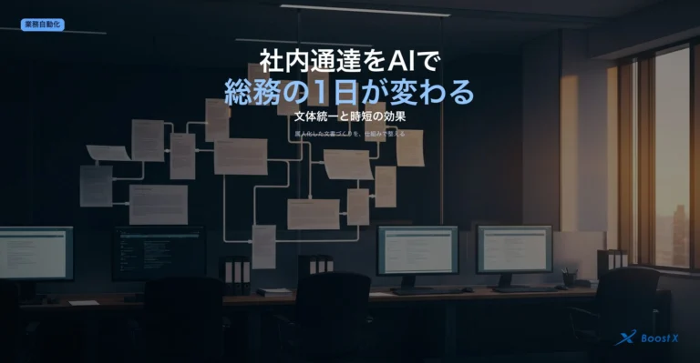 社内通達のAI作成で、属人的で文体がバラバラな状態から、テンプレとルールで文体を統一し作成時間を短縮した状態へ変わる様子を表したアイキャッチ画像