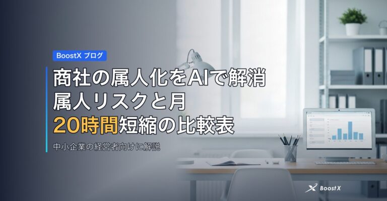 商社の属人化をAIで解消｜属人リスクと月20時間短縮の比較表 アイキャッチ