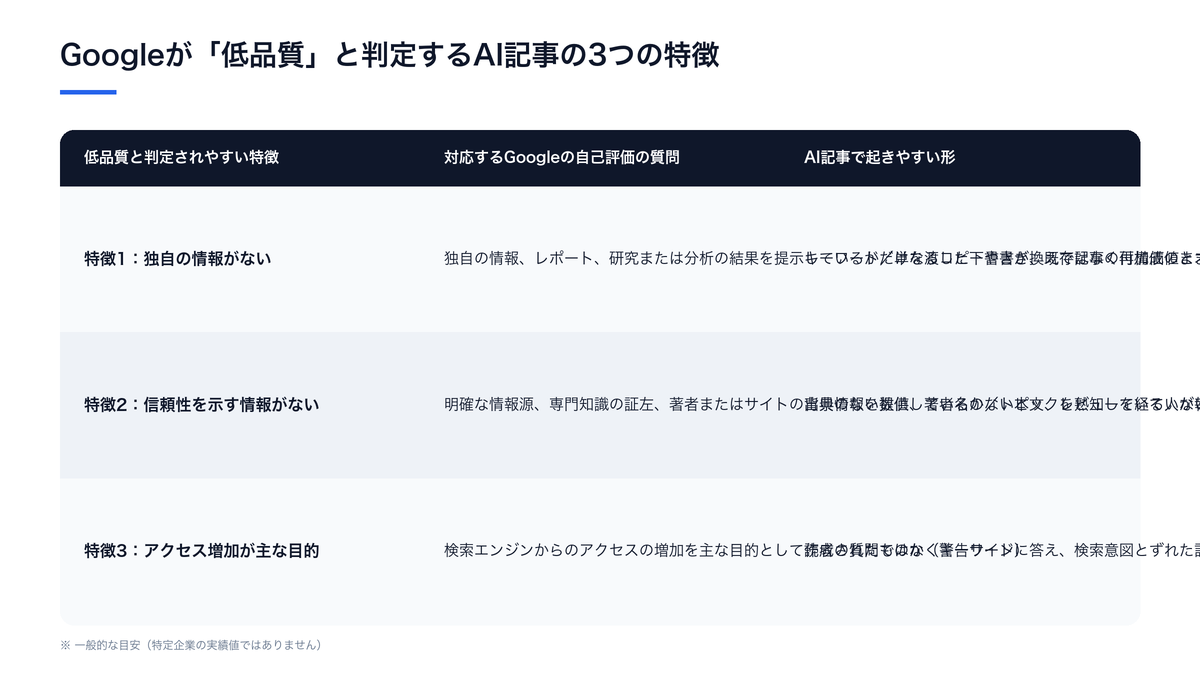Googleが「低品質」と判定するAI記事の3つの特徴(対応するGoogleの自己評価の質問とAI記事で起きやすい形の比較)