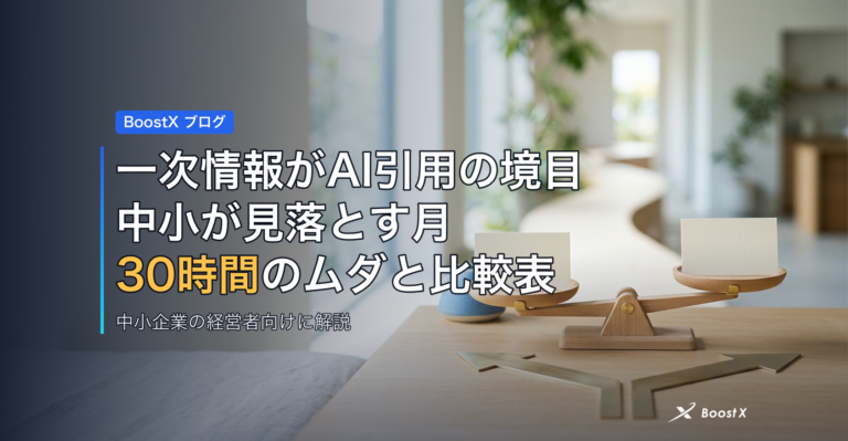 一次情報がAI引用の境目｜中小が見落とす月30時間のムダと比較表 アイキャッチ
