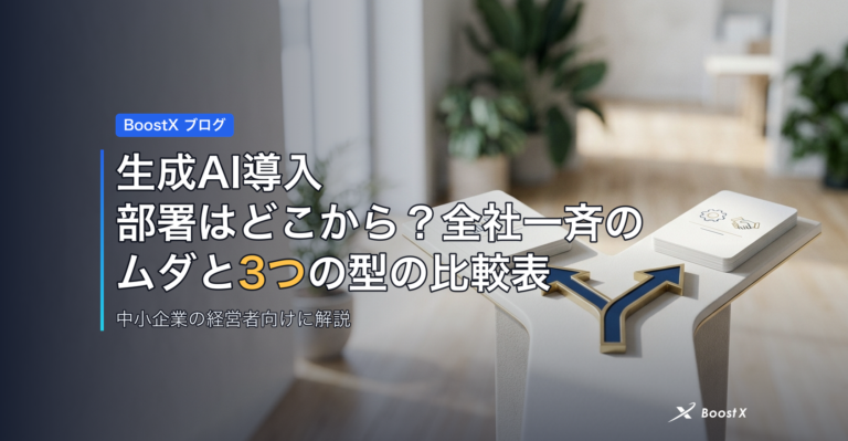 生成AI導入 部署はどこから？全社一斉のムダと3つの型の比較表 アイキャッチ